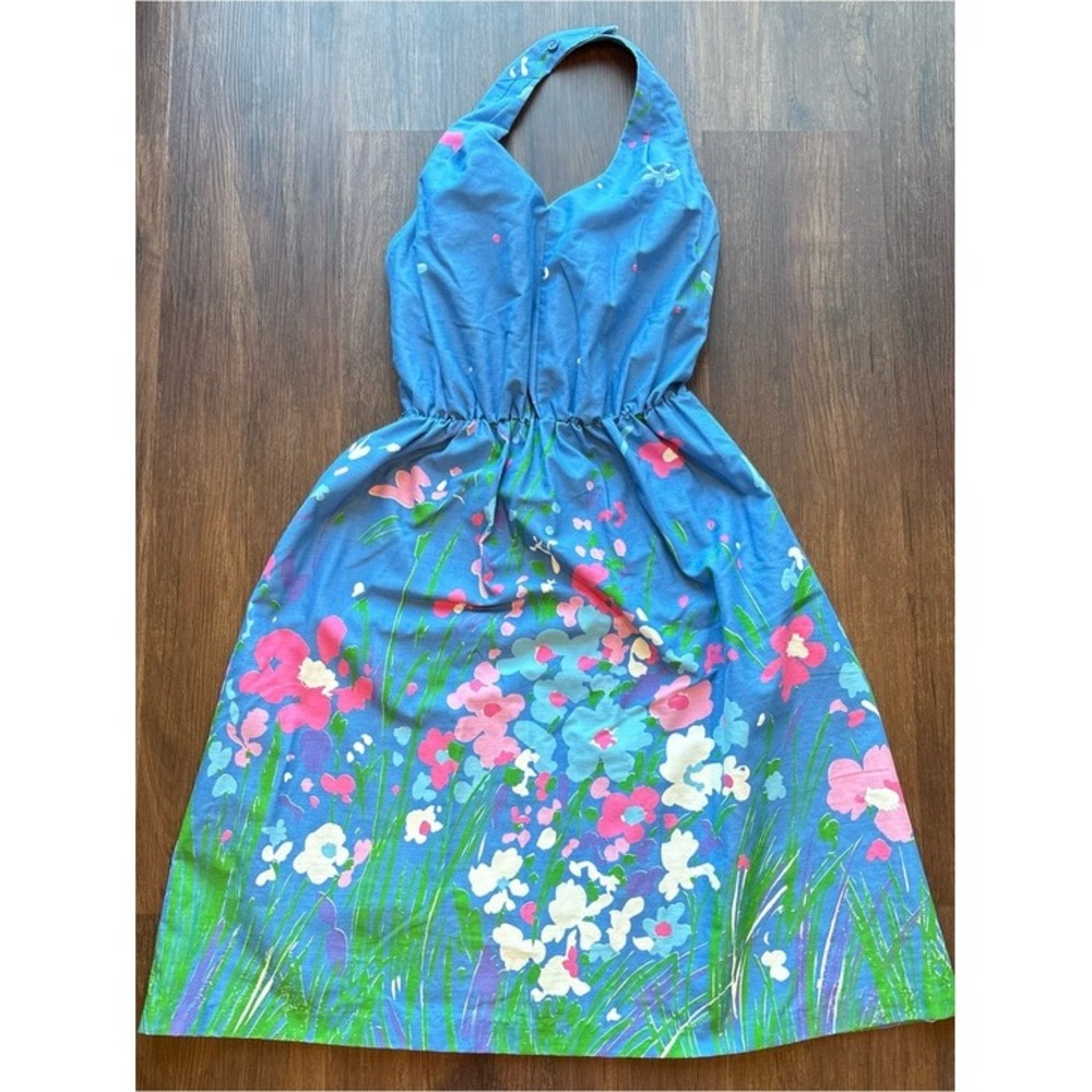 ♾️Authentic Vintage 70s Halter Neck Midi Dress Blue Floral Border Teachercore♾️